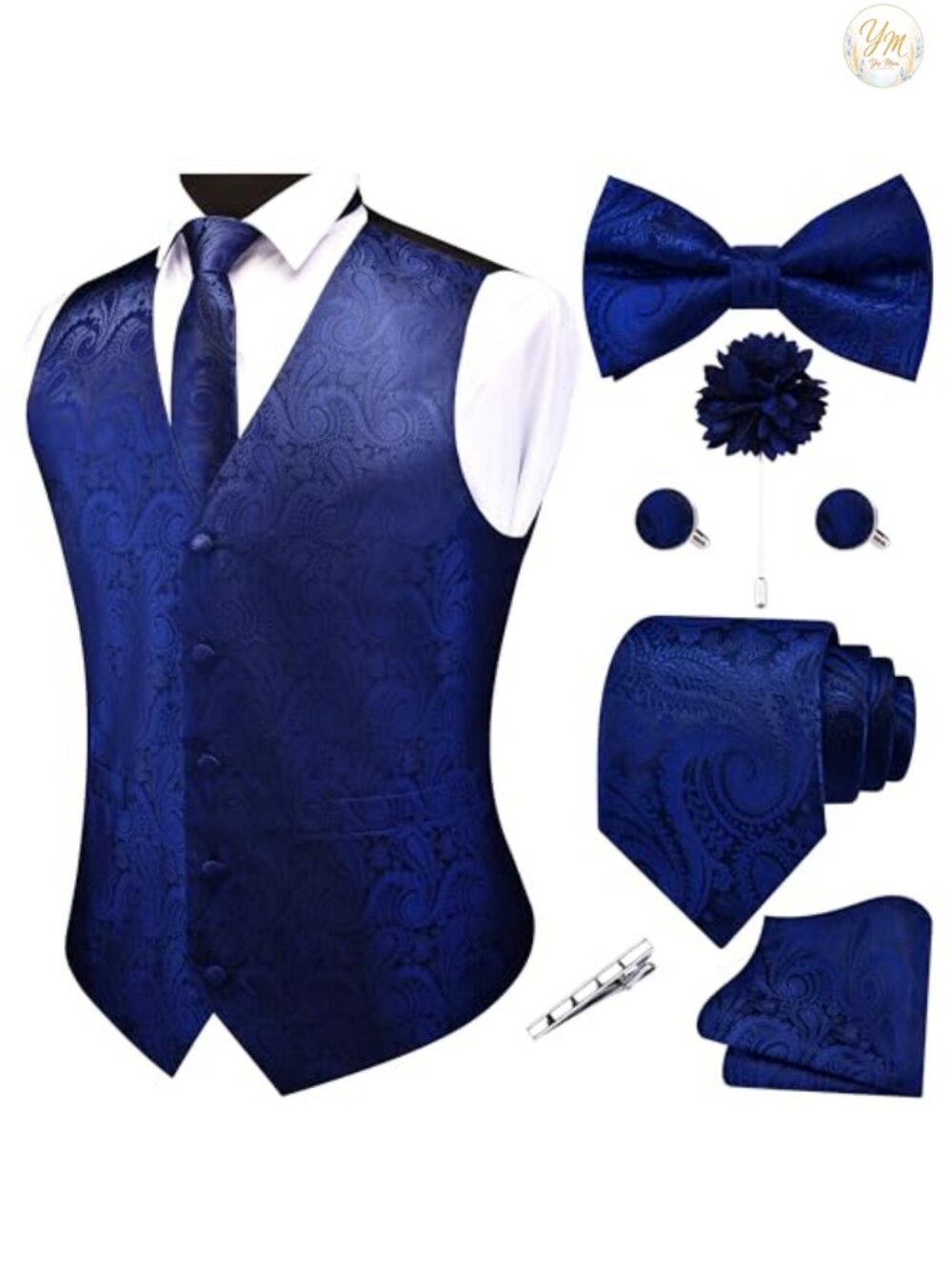 Men's V-Neck Paisley Jacquard Suit Vest 7-Piece Formal Set Wedding